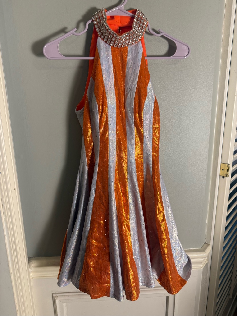 Haus of Lanoue XS Orange Silver Rhinestone Dance Pageant Dress Costume